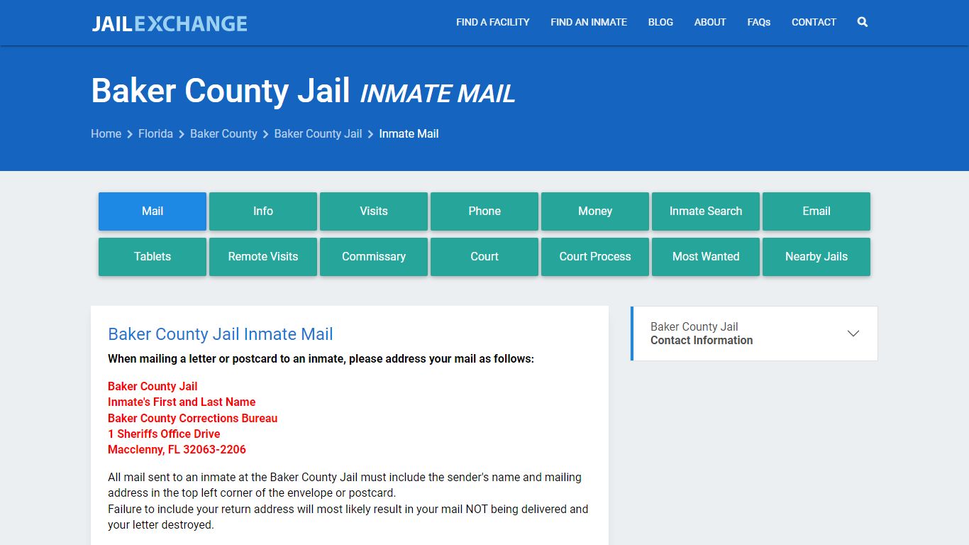 Inmate Mail - Baker County Jail, FL - Jail Exchange